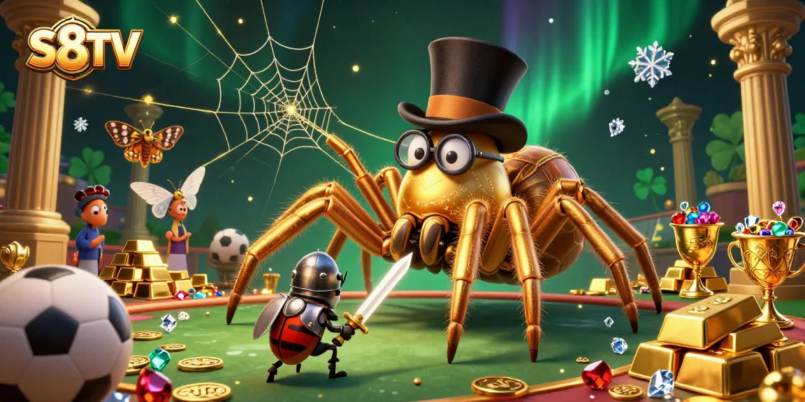 S8TV showcases thrilling sports betting with a golden tarantula weaving a web of excitement.