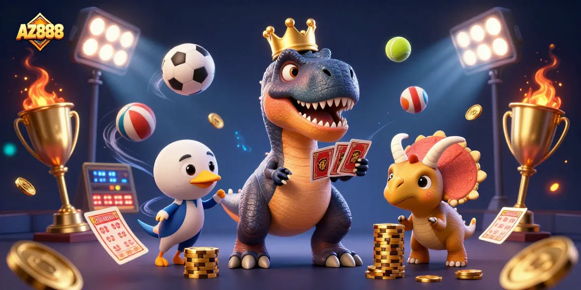 Engage with AZ888 as a T-Rex shuffles cards, aided by a pterodactyl in a dynamic casino scene.