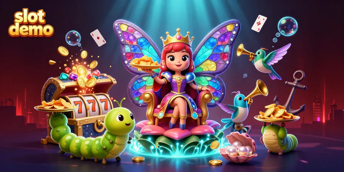 Slot demo yang menampilkan ratu kupu-kupu berwarna cerah dikelilingi chip emas dan simbol slot