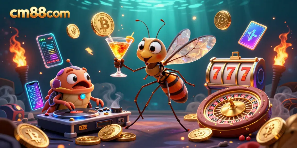Experience the thrill of cm88com with a vibrant 3D casino mascot scene depicting a frozen mosquito and trilobite DJ.
