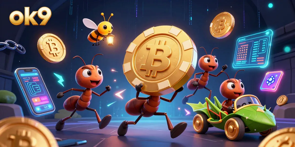 Engage with OK9 gameplay as cartoon ants heist a giant poker chip amidst crypto coin chaos.