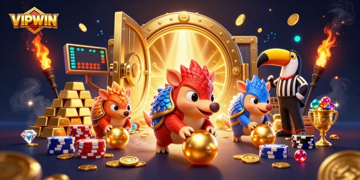 Experience the excitement of VIPWIN with animated pangolins bowling through poker chips and treasures.