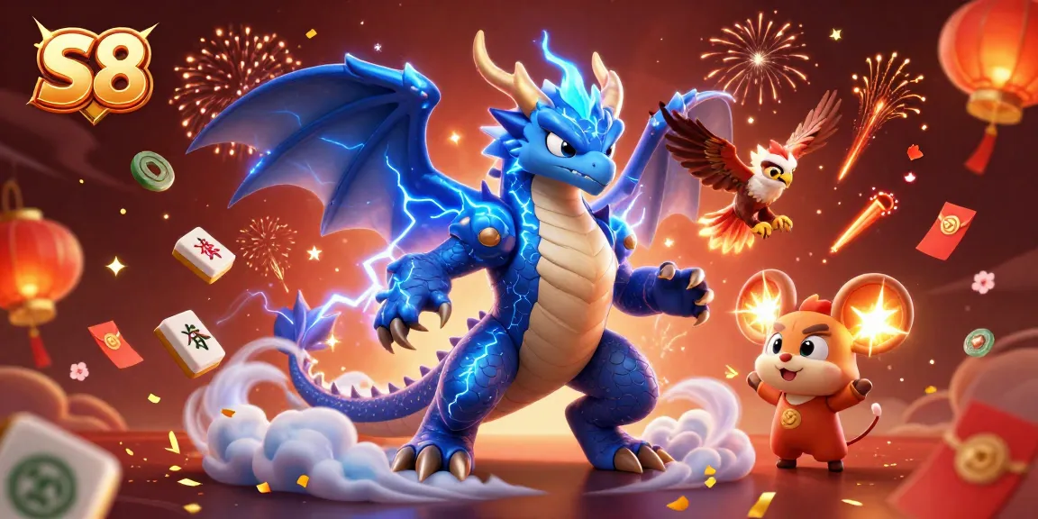 S8 attracts players with thrilling games, featuring a powerful dragon, a glowing hawk, and dynamic casino elements.