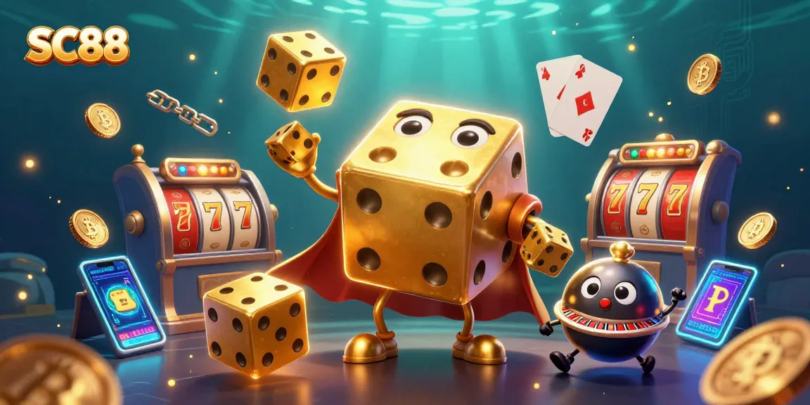Experience dynamic slot action with SC88 featuring a golden dice golem and crypto elements in a captivating scene.