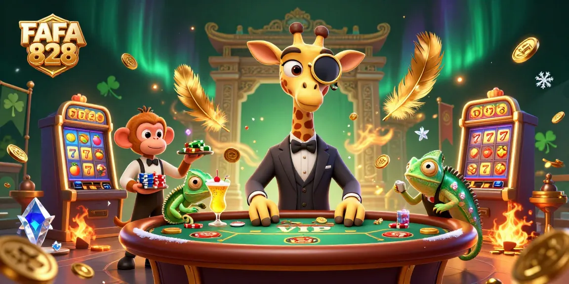 Experience FAFA 828 with a vibrant casino scene featuring a high-roller giraffe and exciting slot elements.