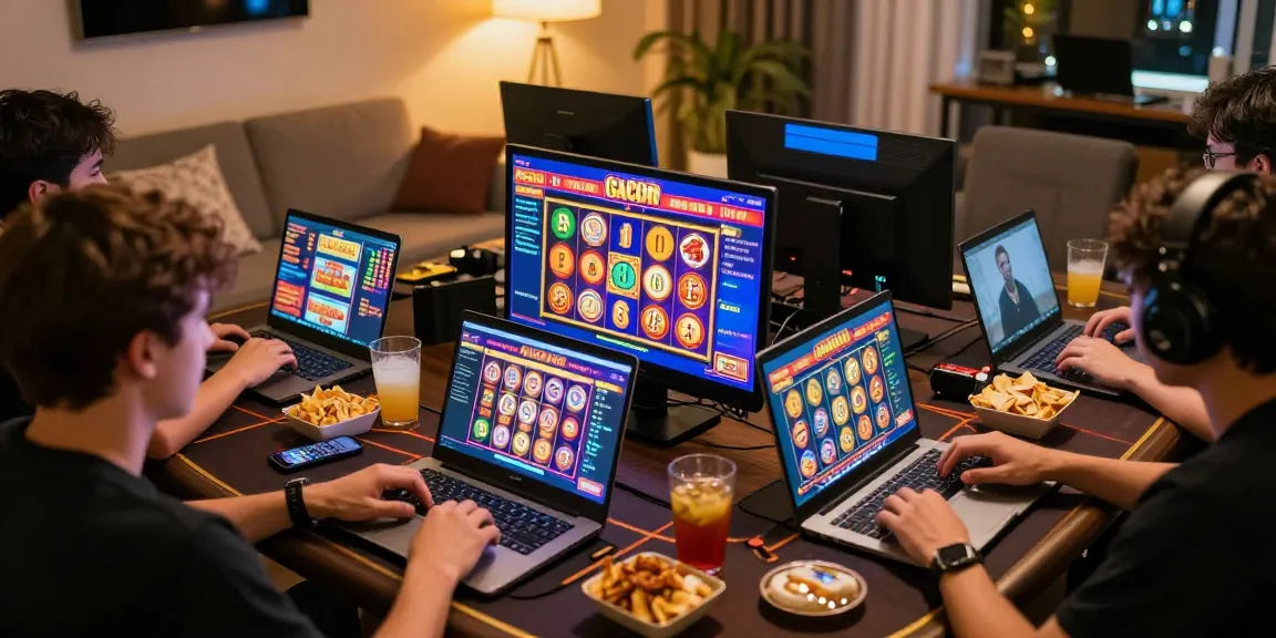 Players enjoying slot gacor games on laptops and mobiles in a cozy home setup.